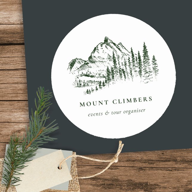 Green Pine Woods Mountain Sketch Climbing Camping Classic Round Sticker (Creator Uploaded)