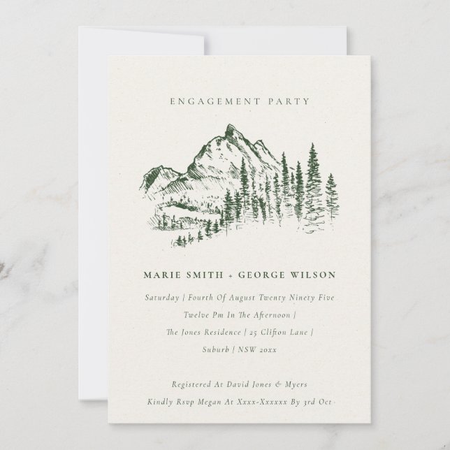 Green Pine Woods Mountain Sketch Engagement Invite (Front)