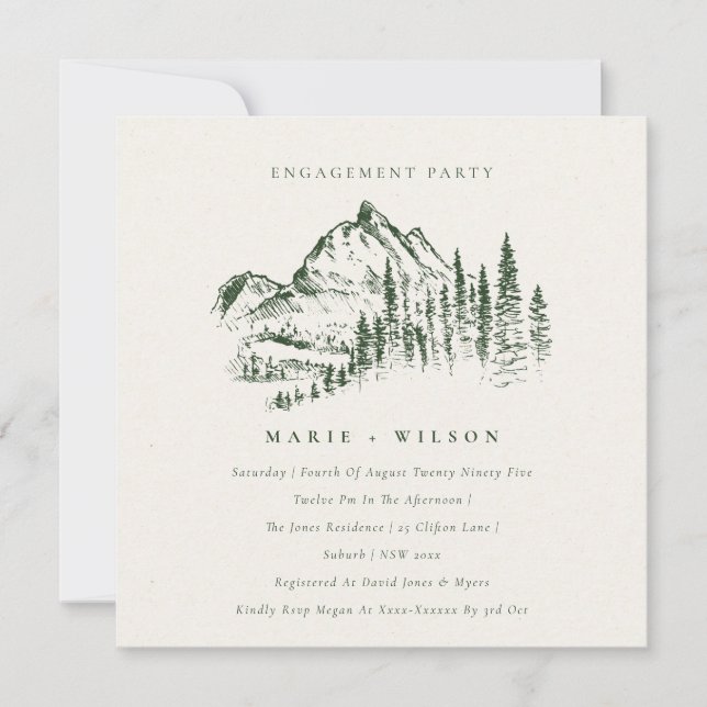 Green Pine Woods Mountain Sketch Engagement Invite (Front)