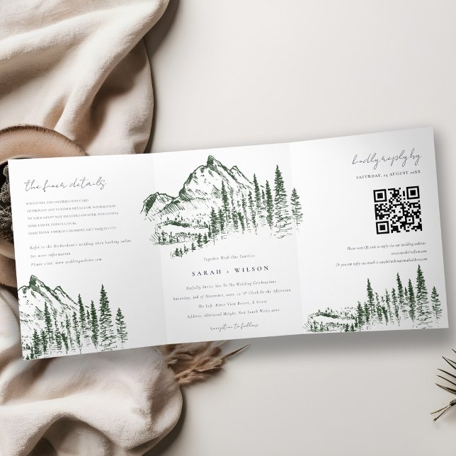 Green Pine Woods Mountain Sketch Wedding QR Code Tri-Fold Announcement (Creator Uploaded)