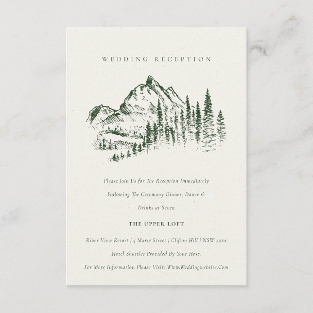 Green Pine Woods Mountain Sketch Wedding Reception Enclosure Card (Front)