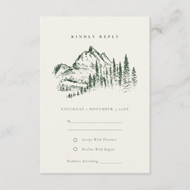 Green Pine Woods Mountain Sketch Wedding RSVP Enclosure Card (Front)