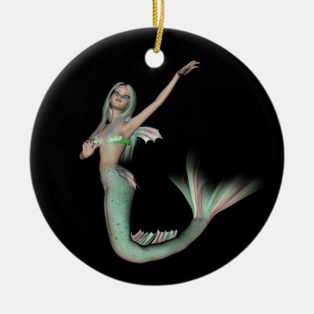Green & Pink 3D Mermaid 4 Ceramic Tree Decoration (Front)
