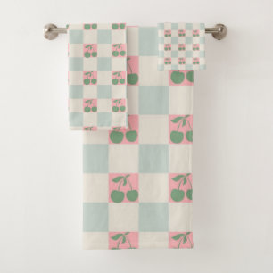 Green Pink Aesthetic Cherry Chequered Y2K Pattern Bath Towel Set