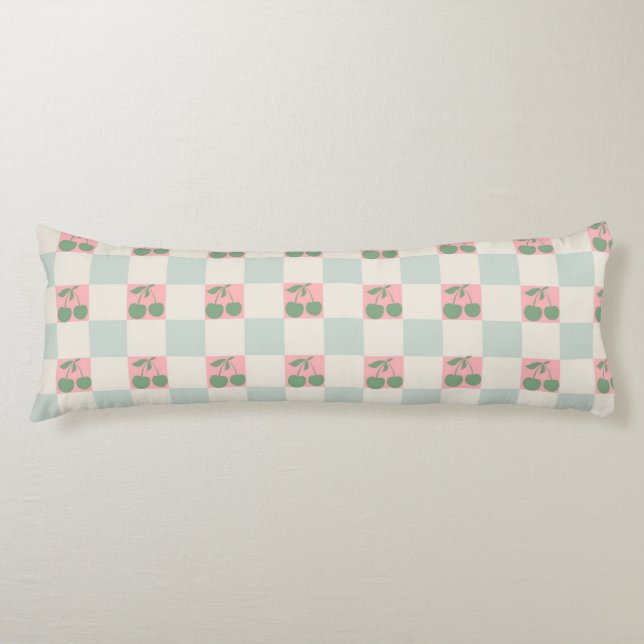 Green Pink Aesthetic Cherry Chequered Y2K Pattern Body Cushion (Front)