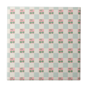 Green Pink Aesthetic Cherry Chequered Y2K Pattern Ceramic Tile