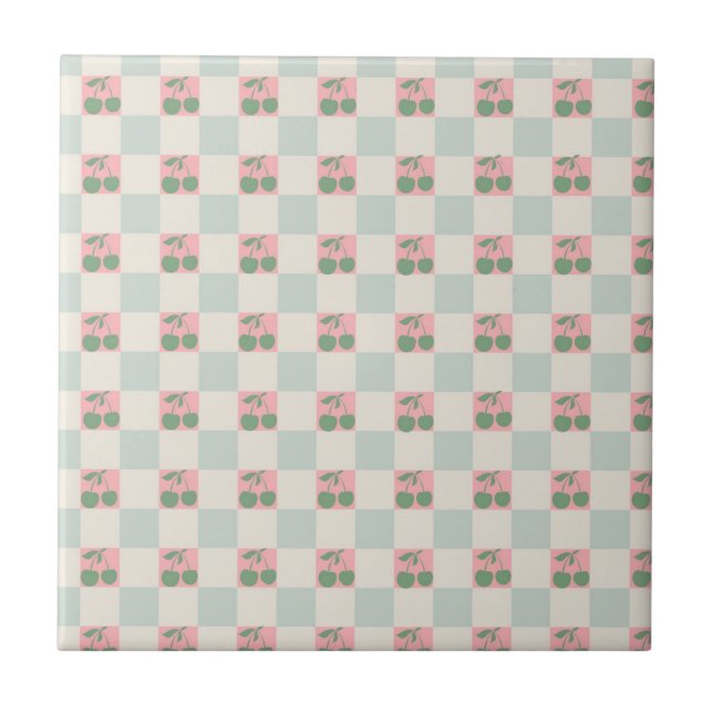 Green Pink Aesthetic Cherry Chequered Y2K Pattern Ceramic Tile (Front)