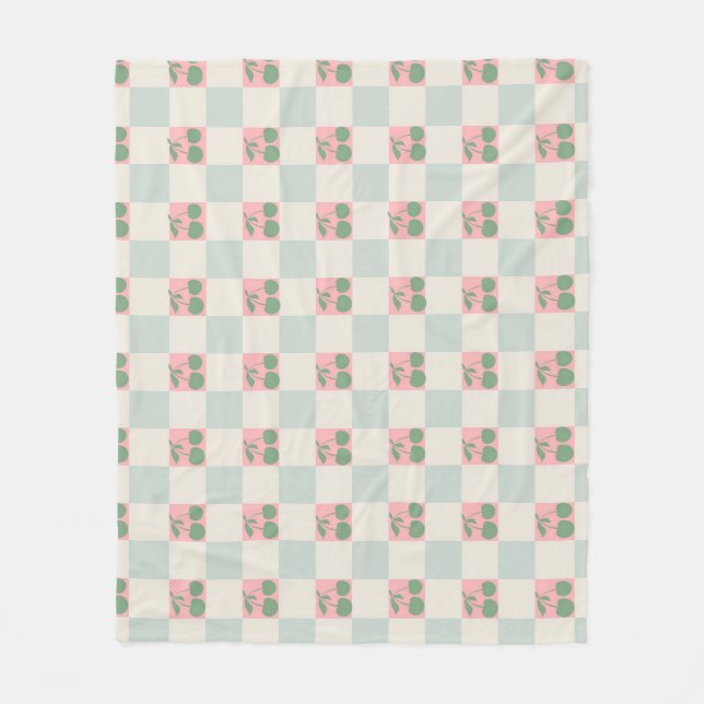 Green Pink Aesthetic Cherry Chequered Y2K Pattern Fleece Blanket (Front)