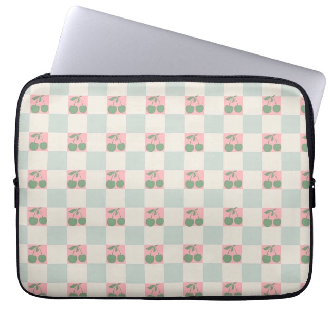 Green Pink Aesthetic Cherry Chequered Y2K Pattern Laptop Sleeve (Front)