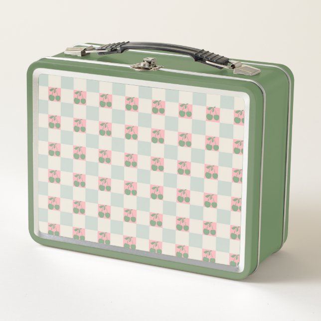 Green Pink Aesthetic Cherry Chequered Y2K Pattern Metal Lunch Box (Front)
