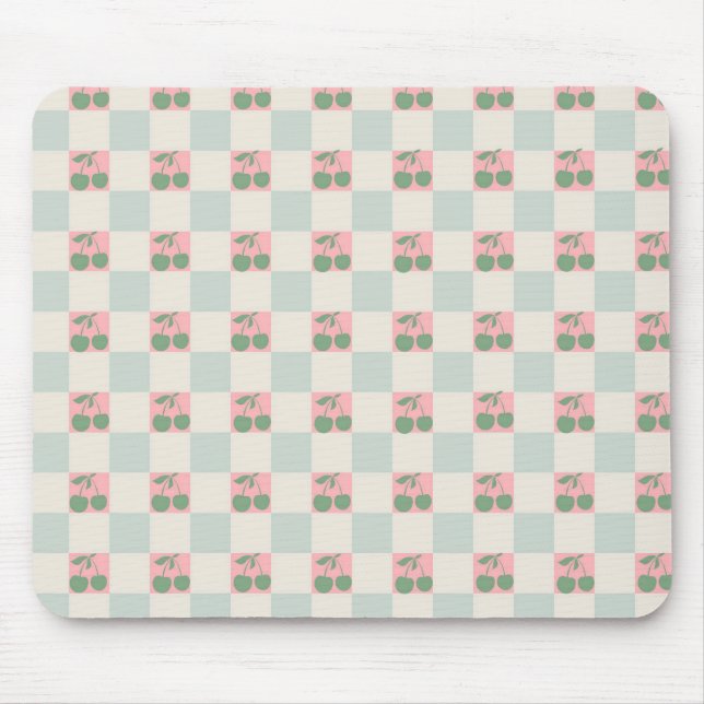 Green Pink Aesthetic Cherry Chequered Y2K Pattern Mouse Pad (Front)