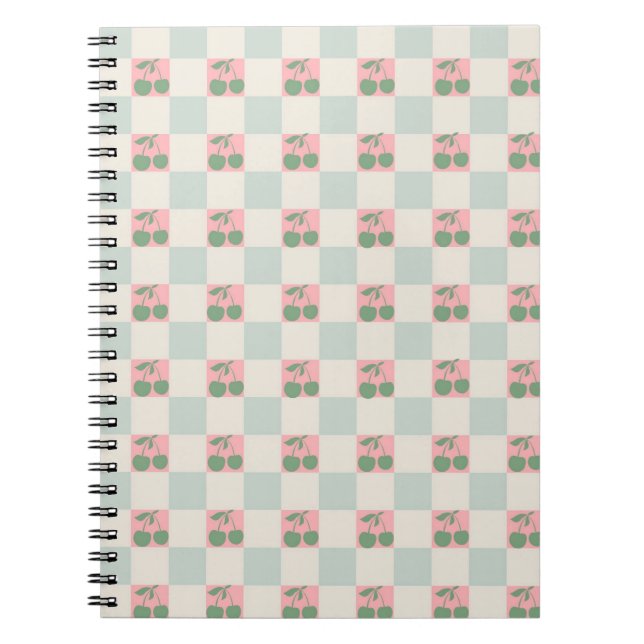Green Pink Aesthetic Cherry Chequered Y2K Pattern Notebook (Front)