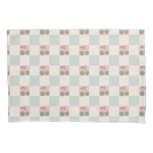 Green Pink Aesthetic Cherry Chequered Y2K Pattern Pillowcase
