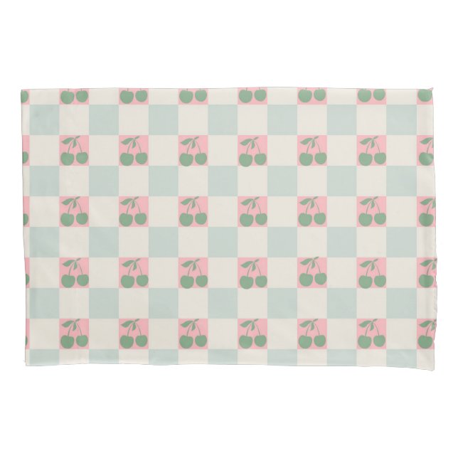 Green Pink Aesthetic Cherry Chequered Y2K Pattern Pillowcase (Front)