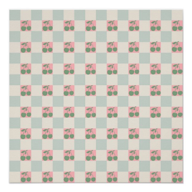 Green Pink Aesthetic Cherry Chequered Y2K Pattern Poster (Front)