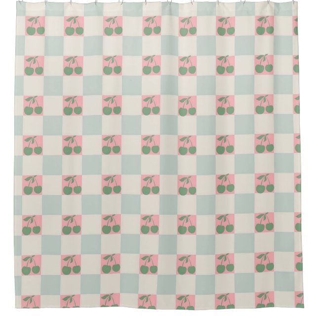 Green Pink Aesthetic Cherry Chequered Y2K Pattern Shower Curtain (Front)