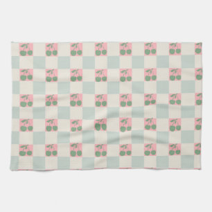 Green Pink Aesthetic Cherry Chequered Y2K Pattern Tea Towel