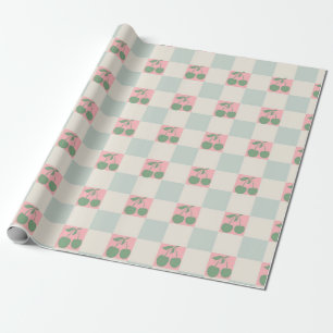 Green Pink Aesthetic Cherry Chequered Y2K Pattern Wrapping Paper