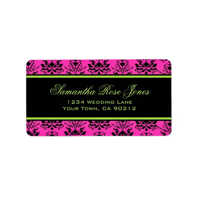 Green Pink and Black Damask Elegant Address Label (Front)