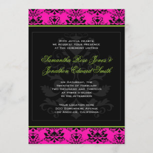 Green Pink and Black Damask Wedding Invitation