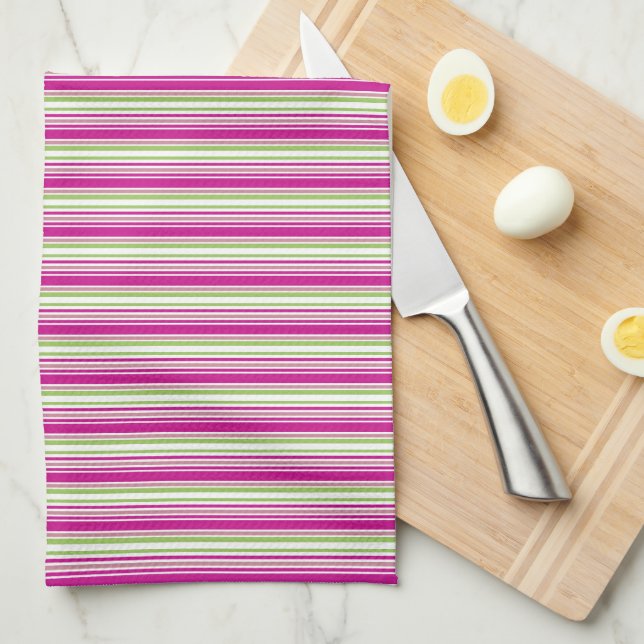 Green Pink And White Stripe Kitchen Tea Towel (Quarter Fold)