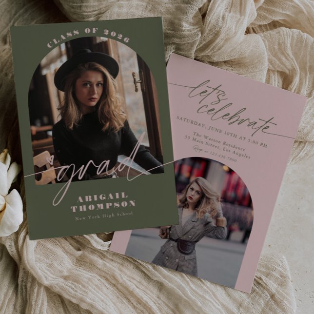 Green & Pink Arch Photo Script Graduation Invitation (Creator Uploaded)