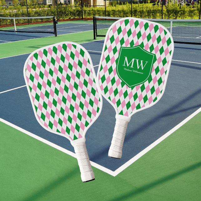 Green Pink Argyle Monogram Pickleball Paddle (Creator Uploaded)