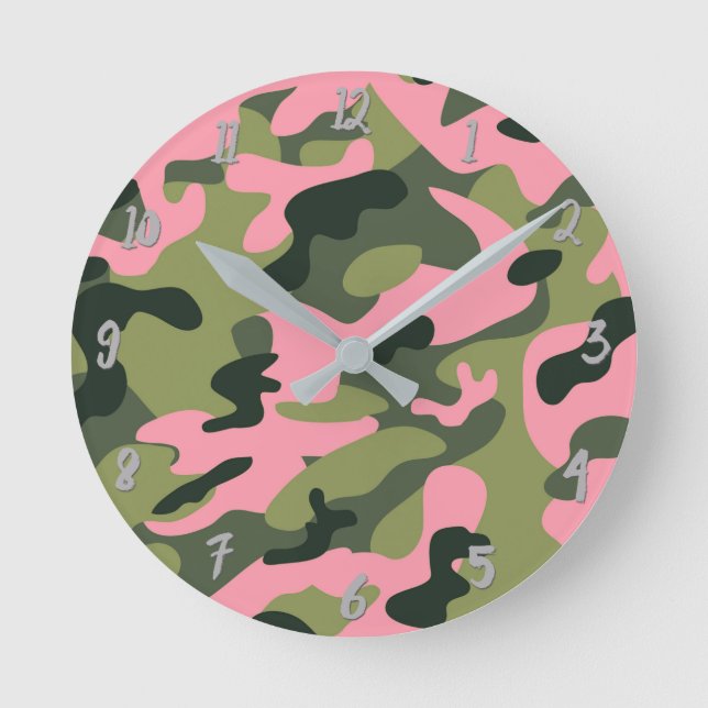 Green Pink Army Camo Camouflage Personalised Round Clock (Front)