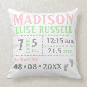 Green Pink Baby Girl photo Birth detail info Cushion
