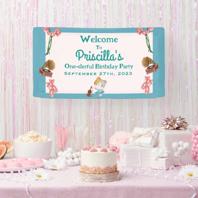 Green Pink Ballerina Cat Kids Birthday Party Banner (Party)