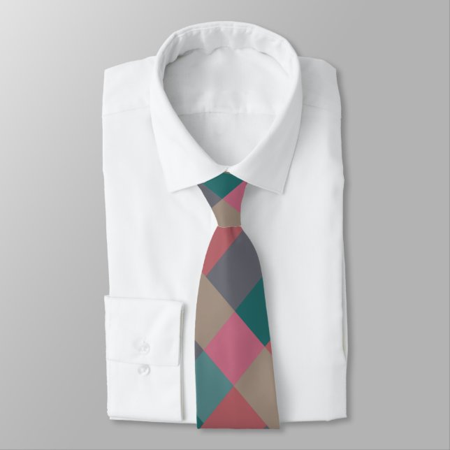 Green Pink Beige Grey Brick Colour Block Print Tie (Tied)