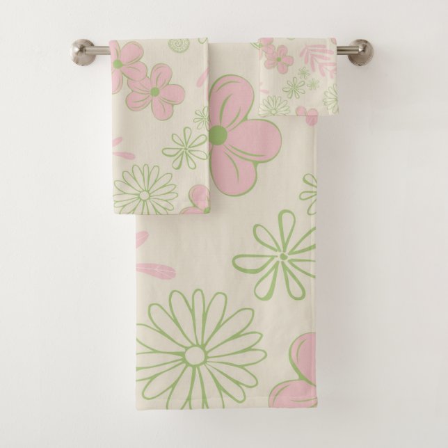 Green Pink Beige Retro Y2K 70s Flower Pattern Bath Towel Set (Insitu)