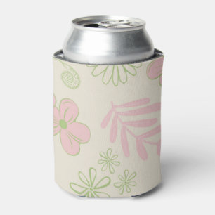 Green Pink Beige Retro Y2K 70s Flower Pattern Can Cooler