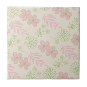 Green Pink Beige Retro Y2K 70s Flower Pattern Ceramic Tile