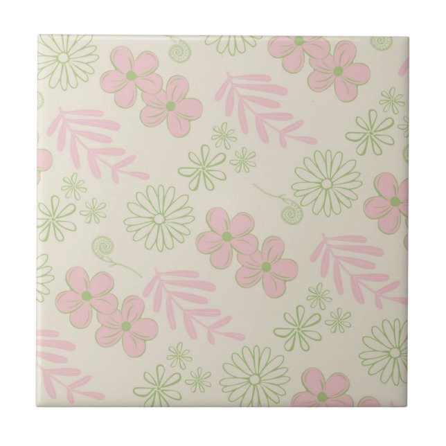 Green Pink Beige Retro Y2K 70s Flower Pattern Ceramic Tile (Front)
