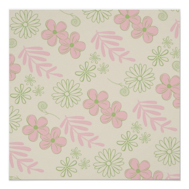Green Pink Beige Retro Y2K 70s Flower Pattern Poster (Front)