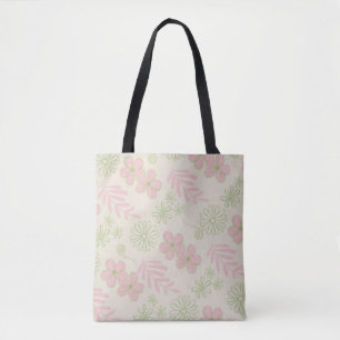 Green Pink Beige Retro Y2K 70s Flower Pattern Tote Bag