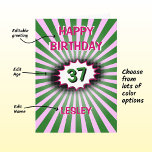 Green pink birthday custom name and age retro card<br><div class="desc">The background for this eye-catching birthday card is an explosion in green and pink, with a pink-edged cloud burst in the centre. There is a vintage comic retro vibe to the design with crisp bright colours and text. Edit the Happy Birthday greeting on the front, edit the number, change the...</div>