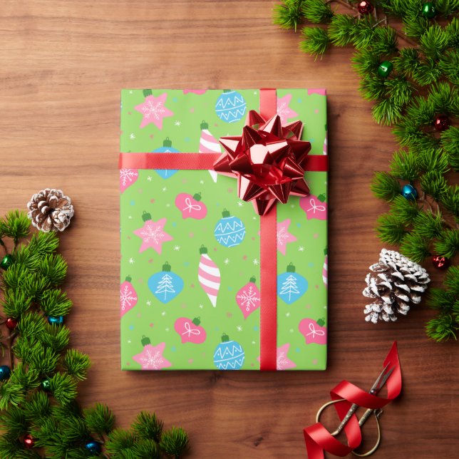 Green Pink Blue Ornaments Merry Bright Christmas  Wrapping Paper (Holiday Gift)
