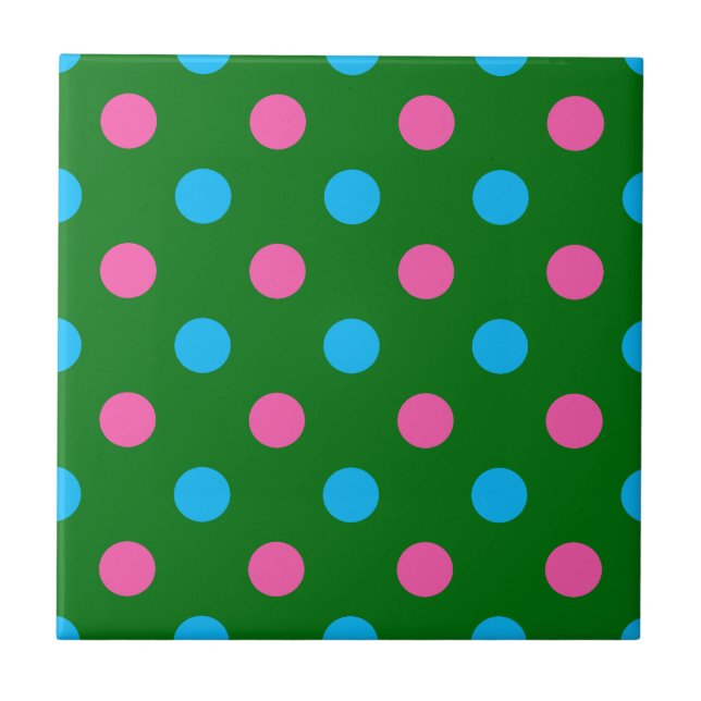 Green Pink Blue Polka Dot Pattern Ceramic Tile (Front)