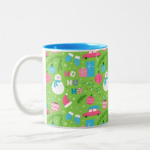 Green Pink Blue Snowmen Ornament Christmas Holiday Two-Tone Coffee Mug