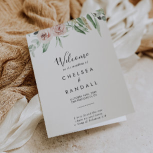 Green Pink Blush Floral Folded Wedding  Program