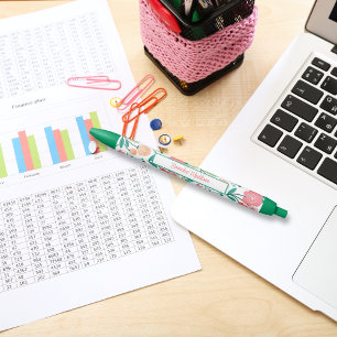 Green Pink Bohemian Floral Ditsy Monogrammed Blue Ink Pen