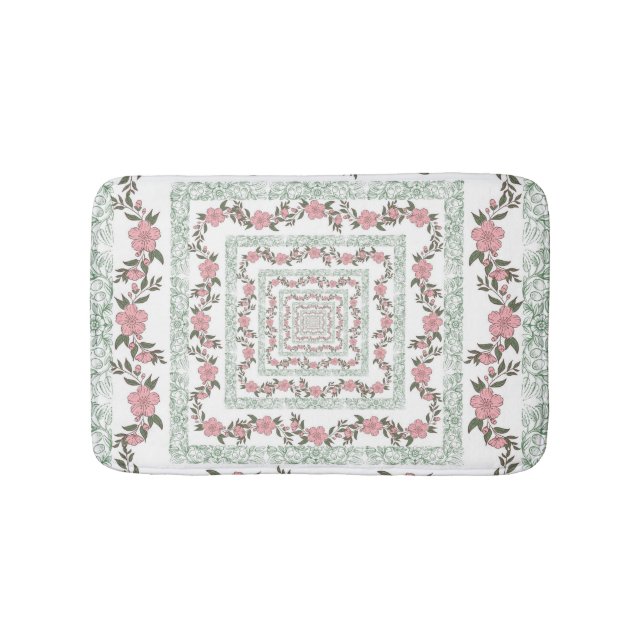 Green Pink Border Retro Y2K 70s Flower Pattern Bath Mat (Front)