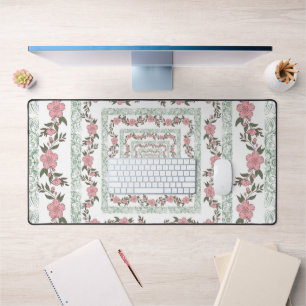 Green Pink Border Retro Y2K 70s Flower Pattern Desk Mat