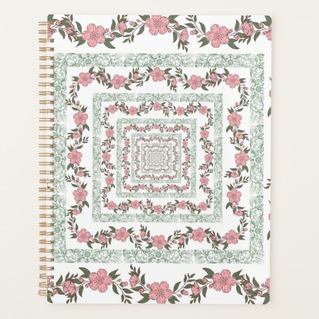 Green Pink Border Retro Y2K 70s Flower Pattern Planner (Front)