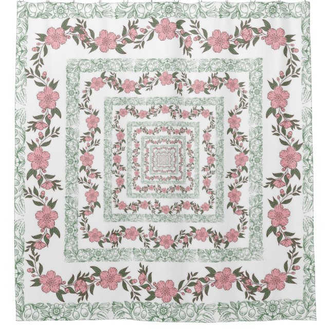 Green Pink Border Retro Y2K 70s Flower Pattern Shower Curtain (Front)