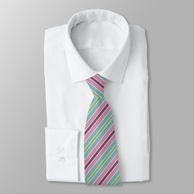 Green & Pink Burgundy Multicolored Striped Pattern Tie (Tied)