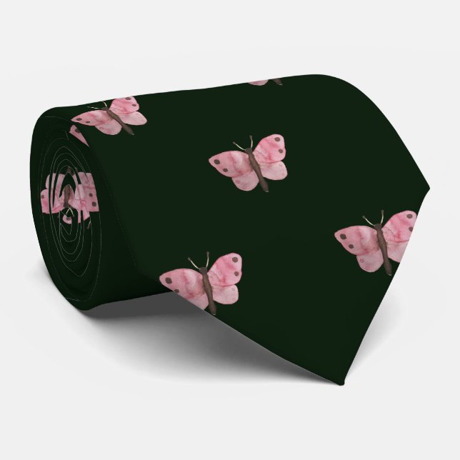 Green Pink Butterfly Wedding Professional Work Tie (Rolled)