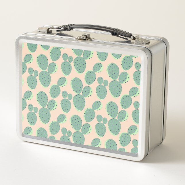 Green & Pink Cactus Pattern Metal Lunch Box (Front)